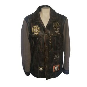 WILSON'S Vintage Distressed Leather‎ Biker Jacket Studded Cross Punk Patch M